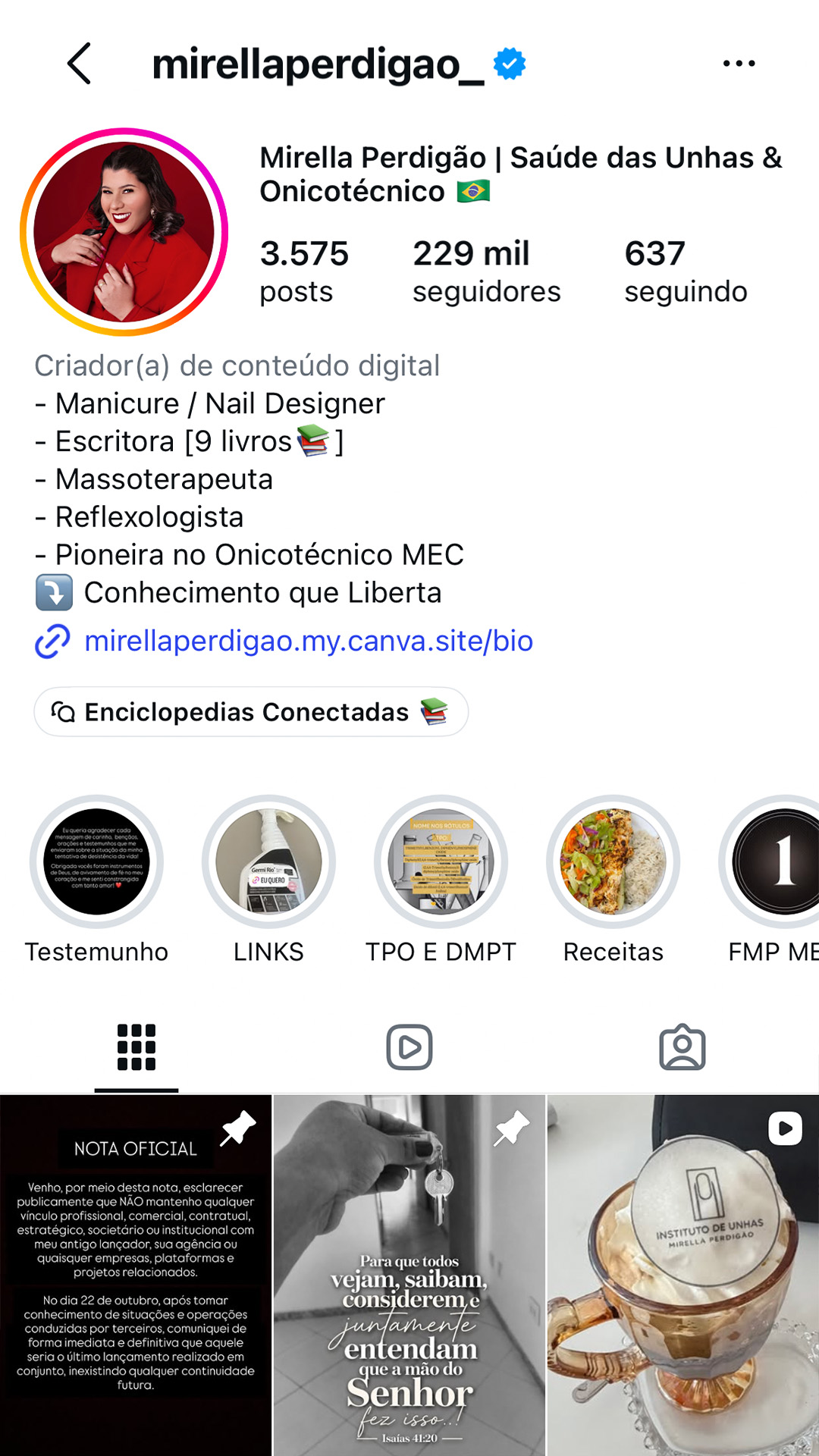 Perfil de Mirella Perdigão no Instagram